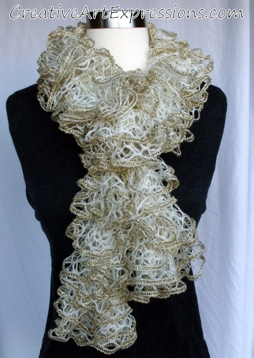 Creative Art Expressions Hand Knit Cream & Gold Ruffle Scarf